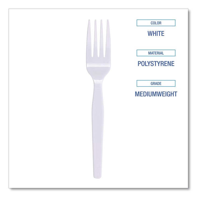 Mediumweight Polystyrene Cutlery, Fork, Plastic, White, 100/Box, 10 Boxes/Carton