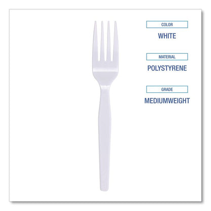 Mediumweight Polystyrene Cutlery, Fork, Plastic, White, 100/Box, 10 Boxes/Carton