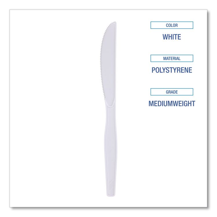 Mediumweight Polystyrene Cutlery, Knife, Plastic, White, 100/Box, 10 Boxes/Carton