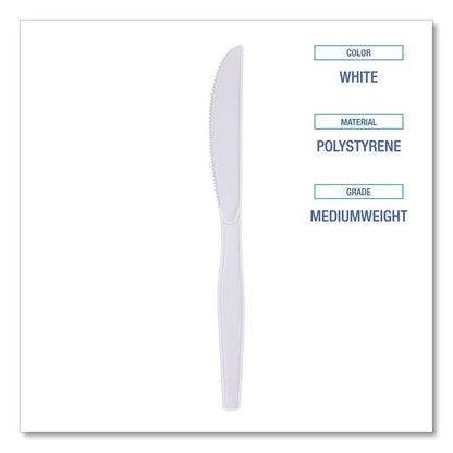 Mediumweight Polystyrene Cutlery, Knife, Plastic, White, 100/Box, 10 Boxes/Carton
