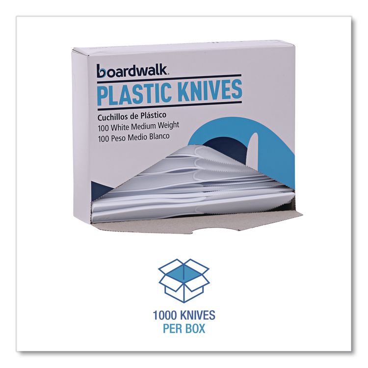 Mediumweight Polystyrene Cutlery, Knife, Plastic, White, 100/Box, 10 Boxes/Carton