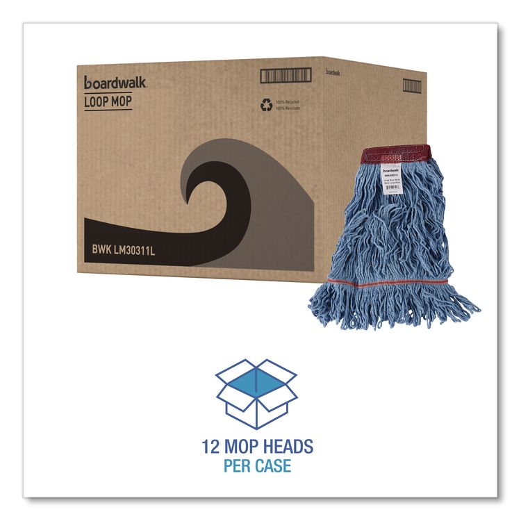 Cotton Mop Heads, Cotton/Synthetic, Large, Looped End, Wideband, Blue, 12/Carton