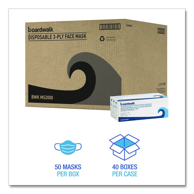Three-Ply General Use Face Mask, Polypropylene, One Size Fits Most, Blue, 50/Box, 40 Boxes/Carton