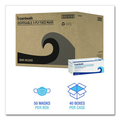 Three-Ply General Use Face Mask, Polypropylene, One Size Fits Most, Blue, 50/Box, 40 Boxes/Carton