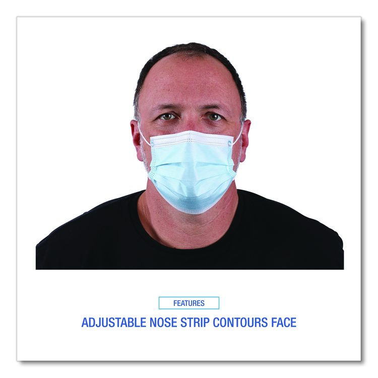 Three-Ply General Use Face Mask, Polypropylene, One Size Fits Most, Blue, 50/Box, 40 Boxes/Carton