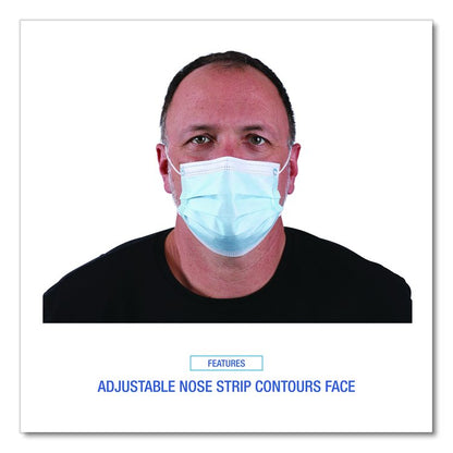 Three-Ply General Use Face Mask, Polypropylene, One Size Fits Most, Blue, 50/Box, 40 Boxes/Carton
