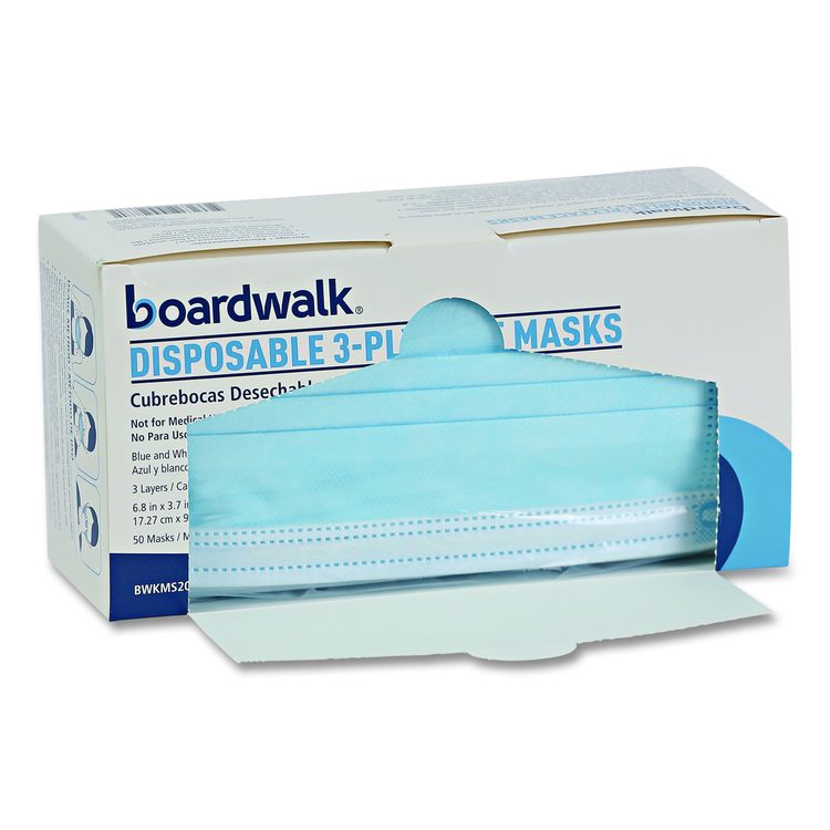 Three-Ply General Use Face Mask, Polypropylene, One Size Fits Most, Blue, 50/Box, 40 Boxes/Carton