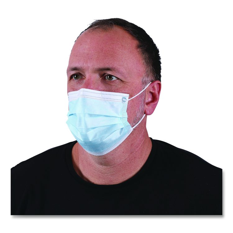 Three-Ply General Use Face Mask, Polypropylene, One Size Fits Most, Blue, 50/Box, 40 Boxes/Carton