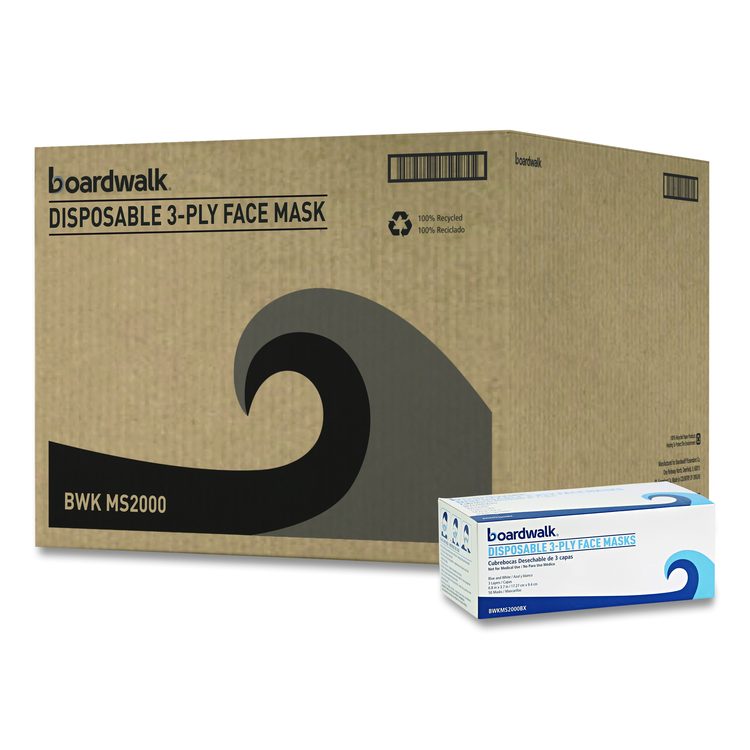 Three-Ply General Use Face Mask, Polypropylene, One Size Fits Most, Blue, 50/Box, 40 Boxes/Carton