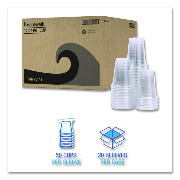 Clear Plastic PET Cups, 12 oz, 50/Sleeve, 20 Sleeves/Carton