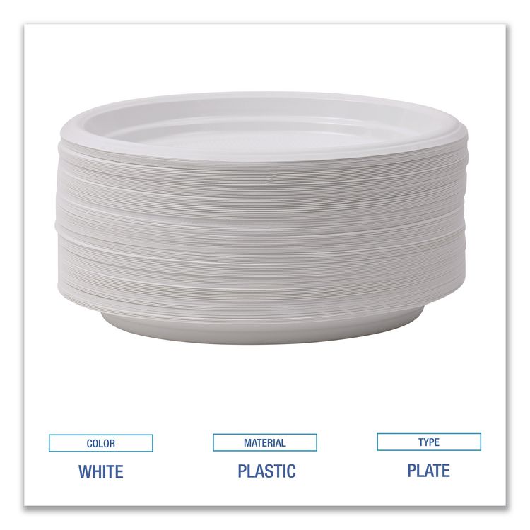 Hi-Impact Plastic Dinnerware, Plate, 9" dia, White, 500/Carton