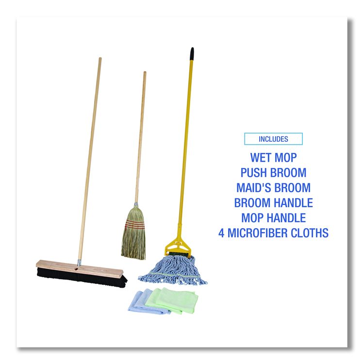 Cleaning Kit, Medium Blue Cotton/Rayon/Synthetic Head, 60" Natural/Yellow Wood/Metal Handle
