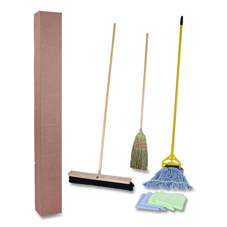 Cleaning Kit, Medium Blue Cotton/Rayon/Synthetic Head, 60" Natural/Yellow Wood/Metal Handle