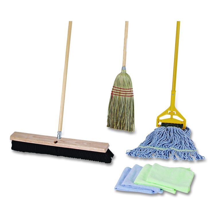 Cleaning Kit, Medium Blue Cotton/Rayon/Synthetic Head, 60" Natural/Yellow Wood/Metal Handle
