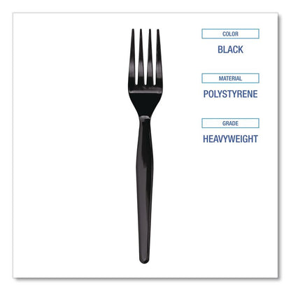 Heavyweight Polystyrene Cutlery, Fork, Plastic, Black, 1,000/Carton