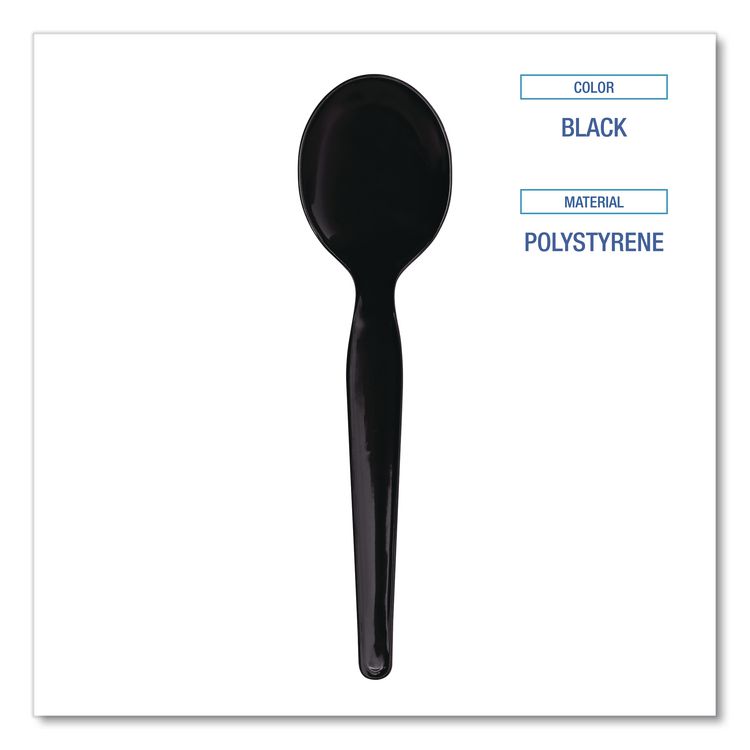Heavyweight Wrapped Polystyrene Cutlery, Soup Spoon, Plastic, Black, 1,000/Carton