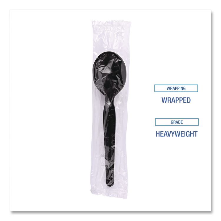 Heavyweight Wrapped Polystyrene Cutlery, Soup Spoon, Plastic, Black, 1,000/Carton