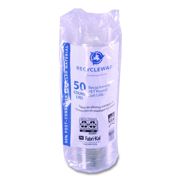 Recycleware Round Deli Container Lids, Flat Plug Fit, Clear, Plastic, 500/Carton