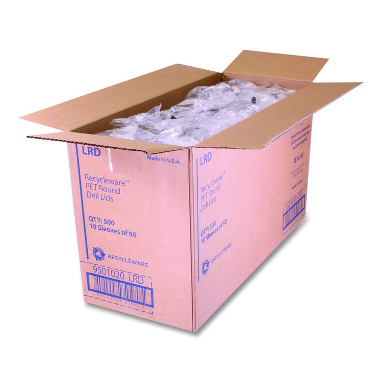 Recycleware Round Deli Container Lids, Flat Plug Fit, Clear, Plastic, 500/Carton
