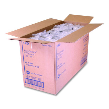 Recycleware Round Deli Container Lids, Flat Plug Fit, Clear, Plastic, 500/Carton