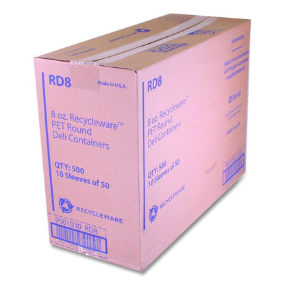 Recycleware Round Deli Container, 8 oz, 4.6" Diameter x 1.7" h, Clear, Plastic, 500/Carton