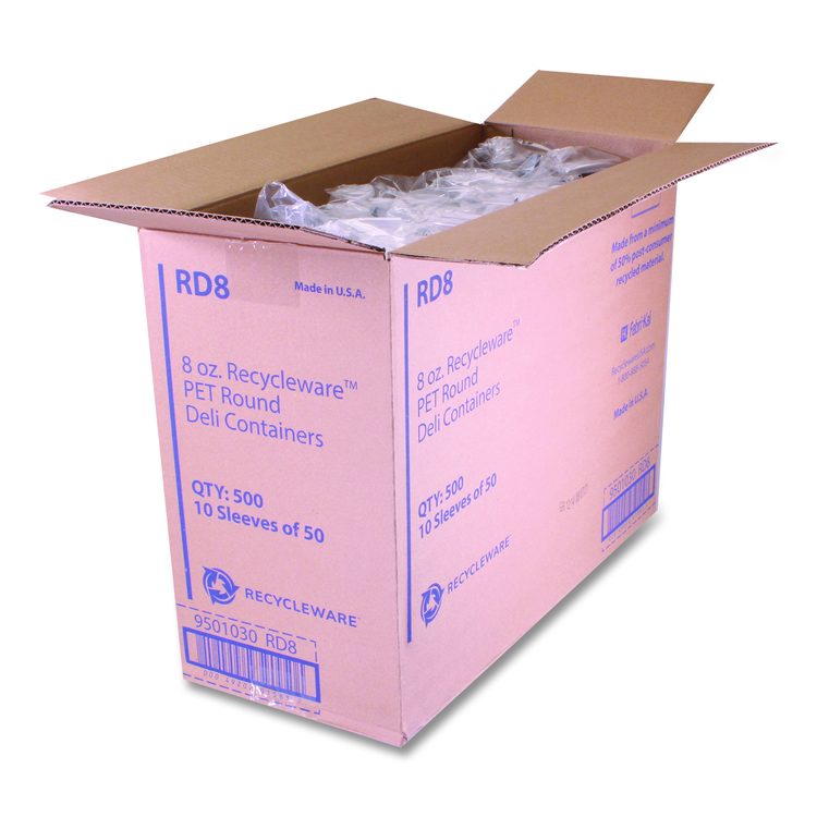 Recycleware Round Deli Container, 8 oz, 4.6" Diameter x 1.7" h, Clear, Plastic, 500/Carton