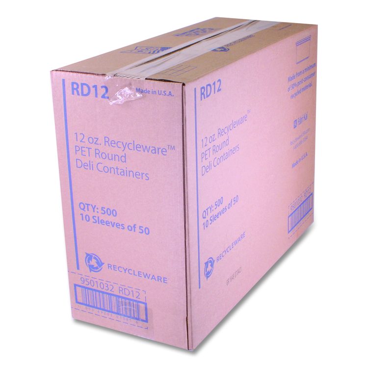 Recycleware Round Deli Container, 12 oz, 4.6" Diameter x 2.3" h, Clear, Plastic, 500/Carton