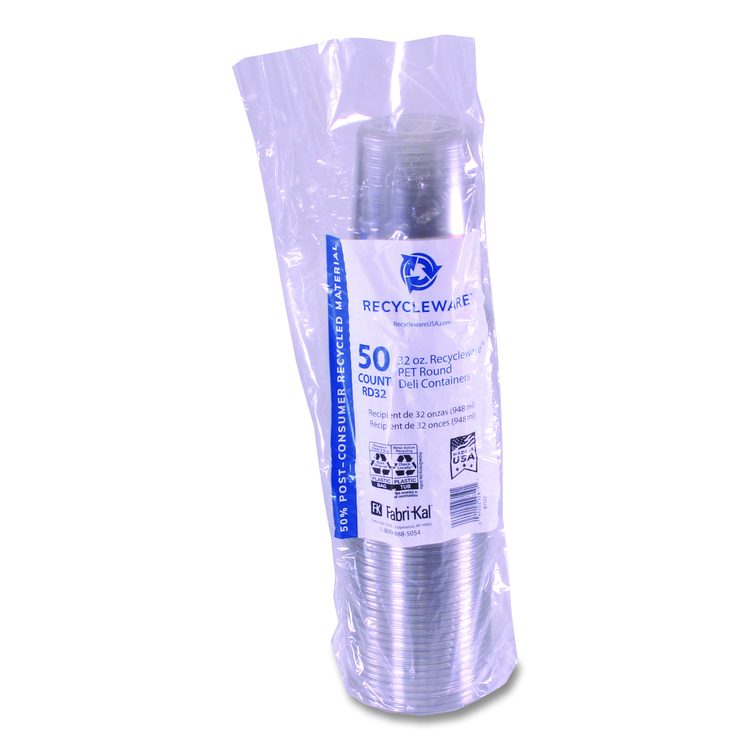 Recycleware Round Deli Container, 32 oz, 4.6" Diameter x 5.8" h, Clear, Plastic, 500/Carton