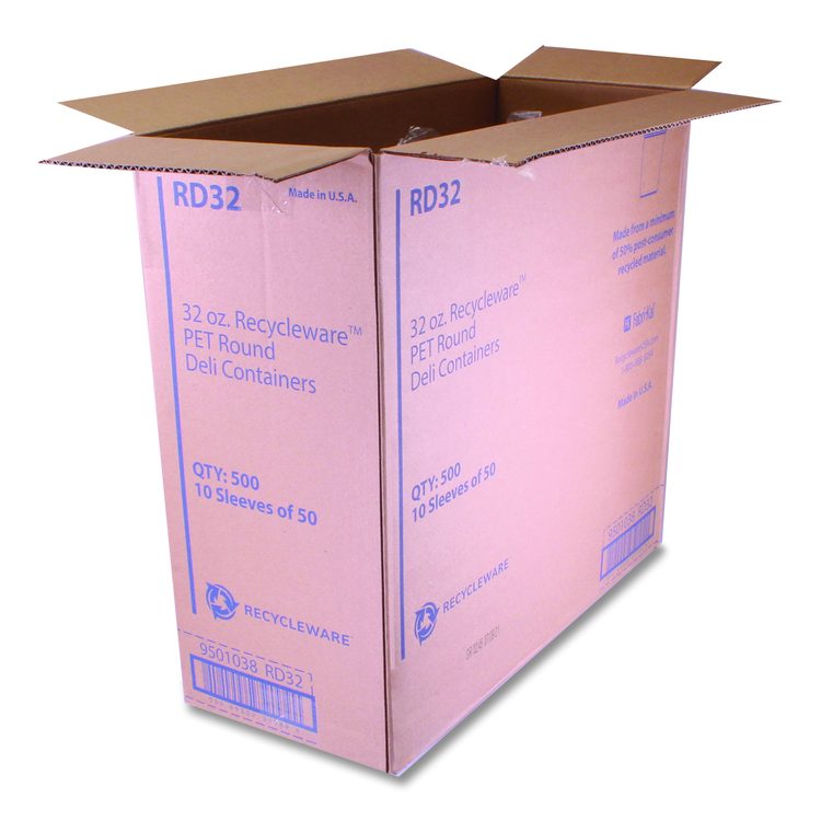 Recycleware Round Deli Container, 32 oz, 4.6" Diameter x 5.8" h, Clear, Plastic, 500/Carton