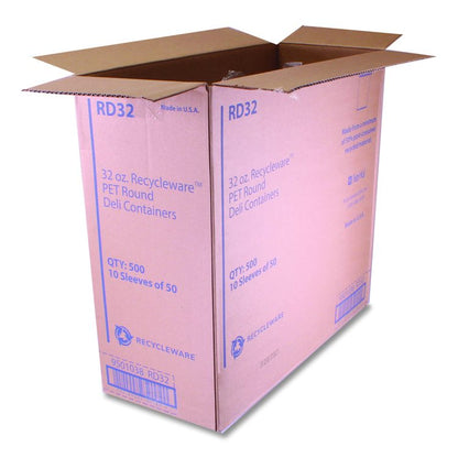 Recycleware Round Deli Container, 32 oz, 4.6" Diameter x 5.8" h, Clear, Plastic, 500/Carton