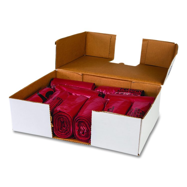 Institutional Low-Density Can Liners, Infectious Waste Biohazard, 10 gal, 1.3 mil, 24 x 23, Red, Interleaved, 25/RL, 10 RL/CT