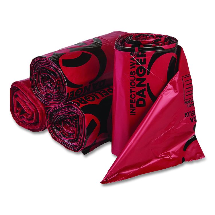 Institutional Low-Density Can Liners, Infectious Waste Biohazard, 10 gal, 1.3 mil, 24 x 23, Red, Interleaved, 25/RL, 10 RL/CT