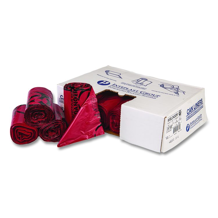 Institutional Low-Density Can Liners, Infectious Waste Biohazard, 10 gal, 1.3 mil, 24 x 23, Red, Interleaved, 25/RL, 10 RL/CT
