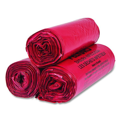 Institutional Low-Density Can Liners, Infectious Waste Biohazard, 33 gal, 1.3 mil, 33 x 39, Red, Interleaved, 25/RL, 6 RL/CT