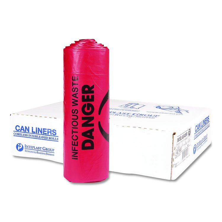 Institutional Low-Density Can Liners, Infectious Waste Biohazard, 33 gal, 1.3 mil, 33 x 39, Red, Interleaved, 25/RL, 6 RL/CT
