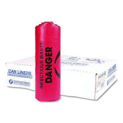 Institutional Low-Density Can Liners, Infectious Waste Biohazard, 33 gal, 1.3 mil, 33 x 39, Red, Interleaved, 25/RL, 6 RL/CT