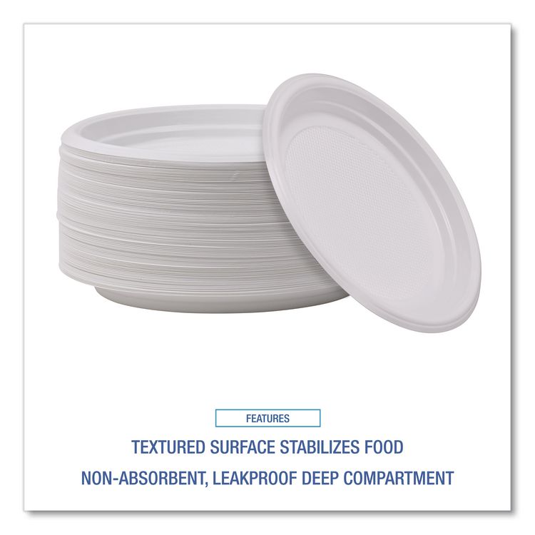 Hi-Impact Plastic Dinnerware, Plate, 9" dia, White, 500/Carton