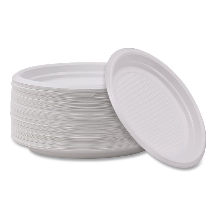 Hi-Impact Plastic Dinnerware, Plate, 9" dia, White, 500/Carton