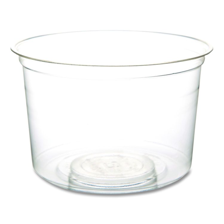 Renewable and Compostable Round Deli Containers, 16 oz, 4.63" Diameter x 3.06" h, Clear, Plastic, 50/Pack, 10 Packs/Carton