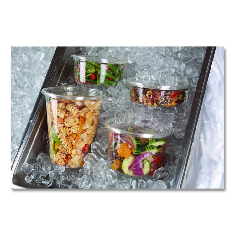 Renewable and Compostable Round Deli Containers, 16 oz, 4.63" Diameter x 3.06" h, Clear, Plastic, 50/Pack, 10 Packs/Carton