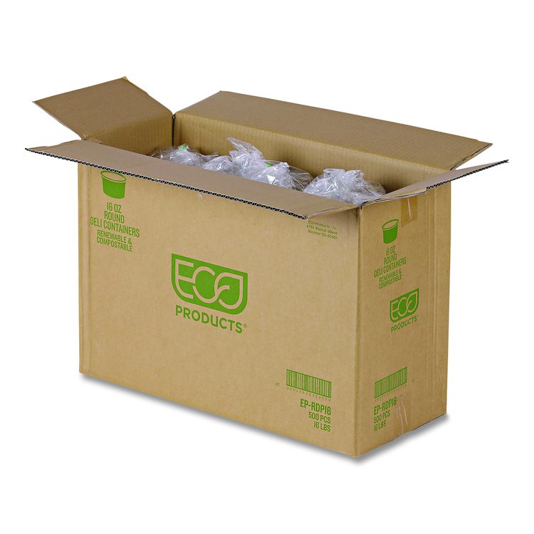 Renewable and Compostable Round Deli Containers, 16 oz, 4.63" Diameter x 3.06" h, Clear, Plastic, 50/Pack, 10 Packs/Carton