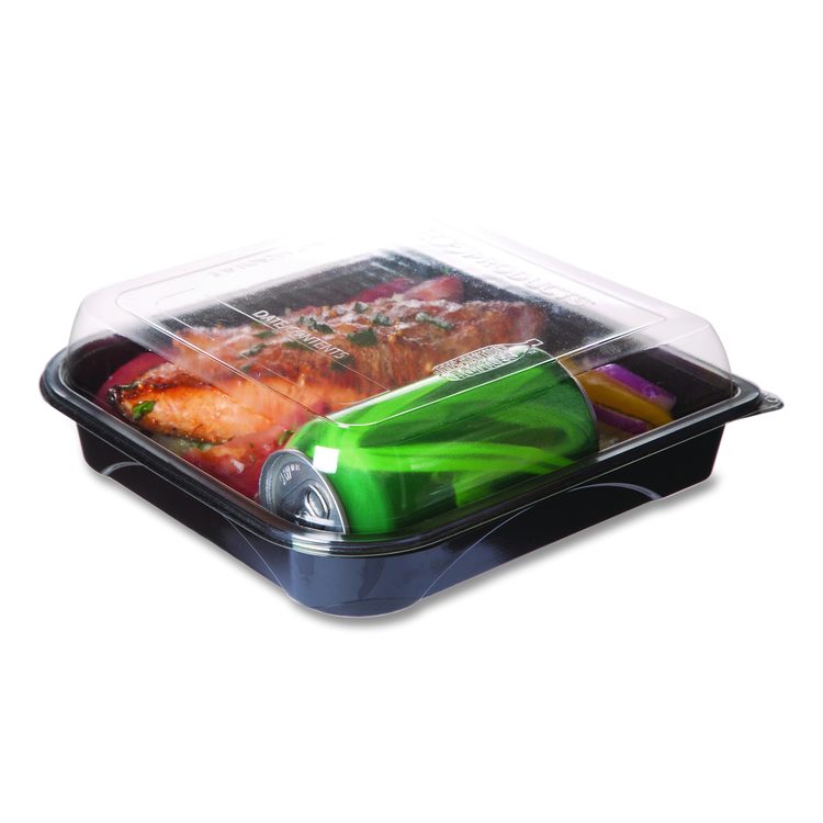 100% Recycled Content 9" Premium Take Out Containers, 42 oz, 9 x 8.8 x 1.6, Black/Clear, Plastic, 50/Pack, 3 Packs/Carton