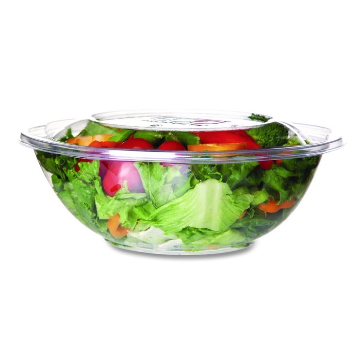 Salad Bowls with Lids, Squat, 64 oz, 9.5" Diameter x 3.2" h, Clear, Plastic, 150/Carton