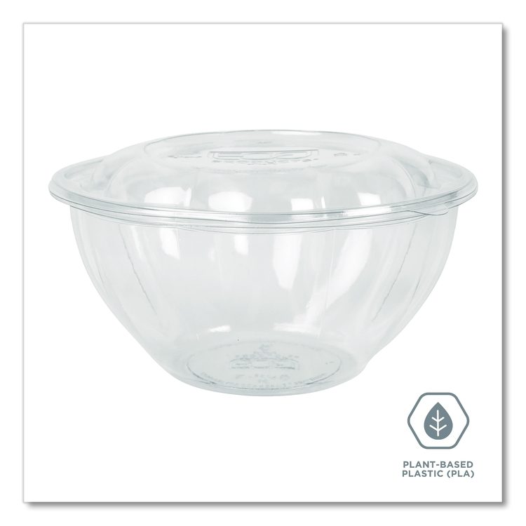 Renewable and Compostable Salad Bowls with Lids, 32 oz, Clear, Plastic, 50/Pack, 3 Packs/Carton