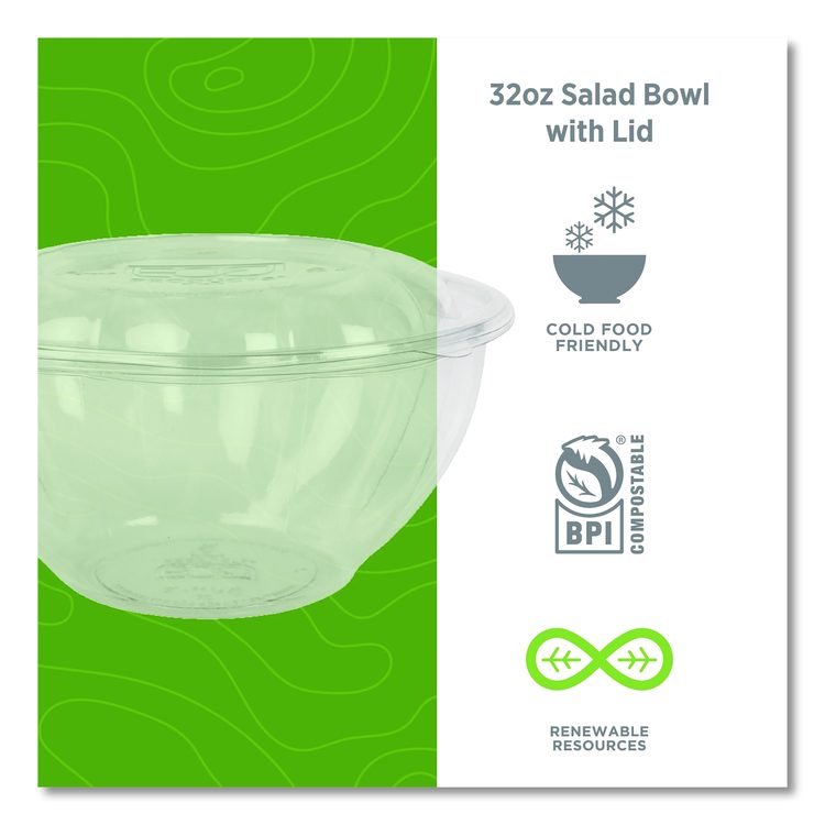 Renewable and Compostable Salad Bowls with Lids, 32 oz, Clear, Plastic, 50/Pack, 3 Packs/Carton