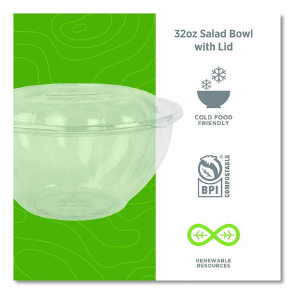Renewable and Compostable Salad Bowls with Lids, 32 oz, Clear, Plastic, 50/Pack, 3 Packs/Carton