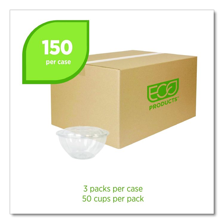 Renewable and Compostable Salad Bowls with Lids, 32 oz, Clear, Plastic, 50/Pack, 3 Packs/Carton
