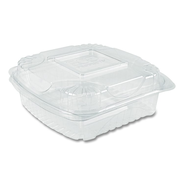 Renewable and Compostable Clear Clamshell Hinged Food Containers, 8 x 8 x 3, Plastic, 80/Pack, 2 Packs/Carton
