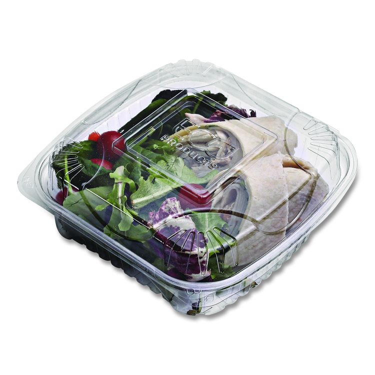 Renewable and Compostable Clear Clamshell Hinged Food Containers, 8 x 8 x 3, Plastic, 80/Pack, 2 Packs/Carton