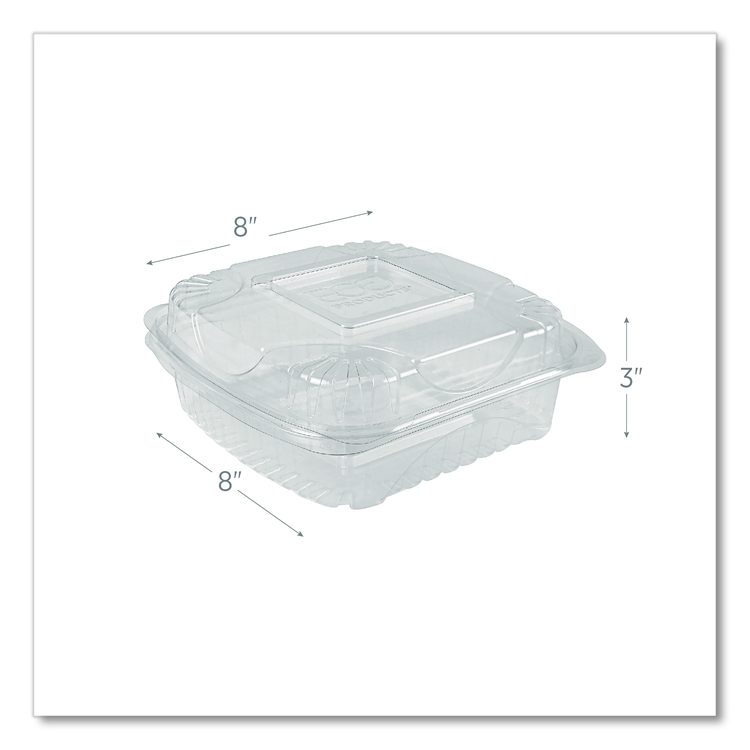 Renewable and Compostable Clear Clamshell Hinged Food Containers, 8 x 8 x 3, Plastic, 80/Pack, 2 Packs/Carton